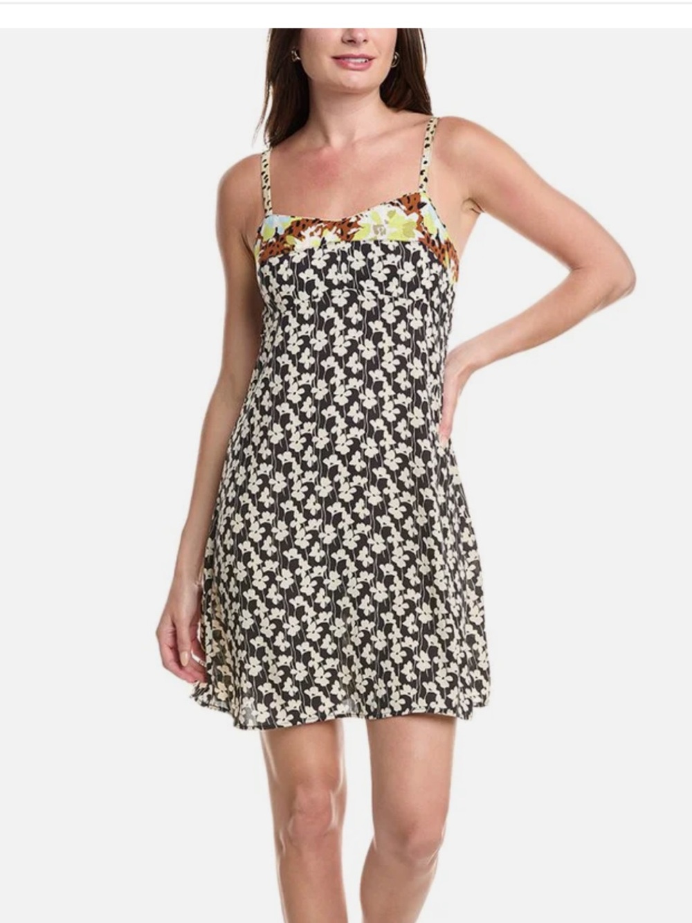 CAbi Black & Cream Floral Strapless Mini Dress with Color-Block Trim